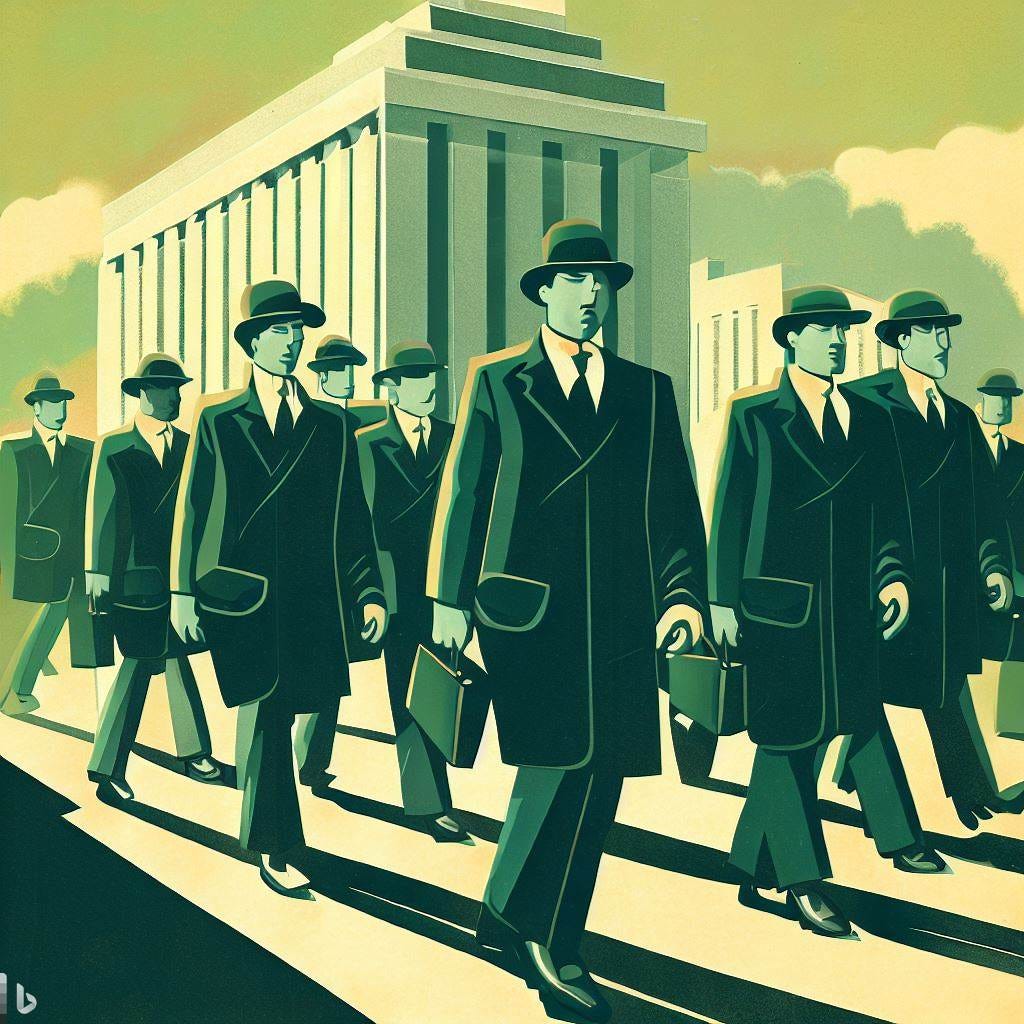 A battalion of lawyers walking towards a courthouse, 1930s style, art deco