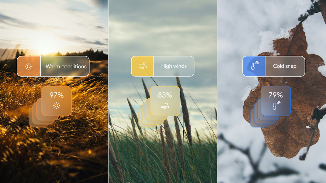 Three different weather scenarios are illustrated: warm conditions, high winds and a cold snap. Each scenario has been predicted with varying degrees of probability.