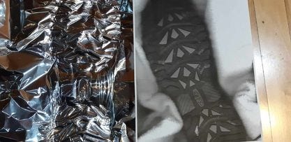 Photo of boot impression in aluminum foil and same boot impression photo copied on a copy machine.