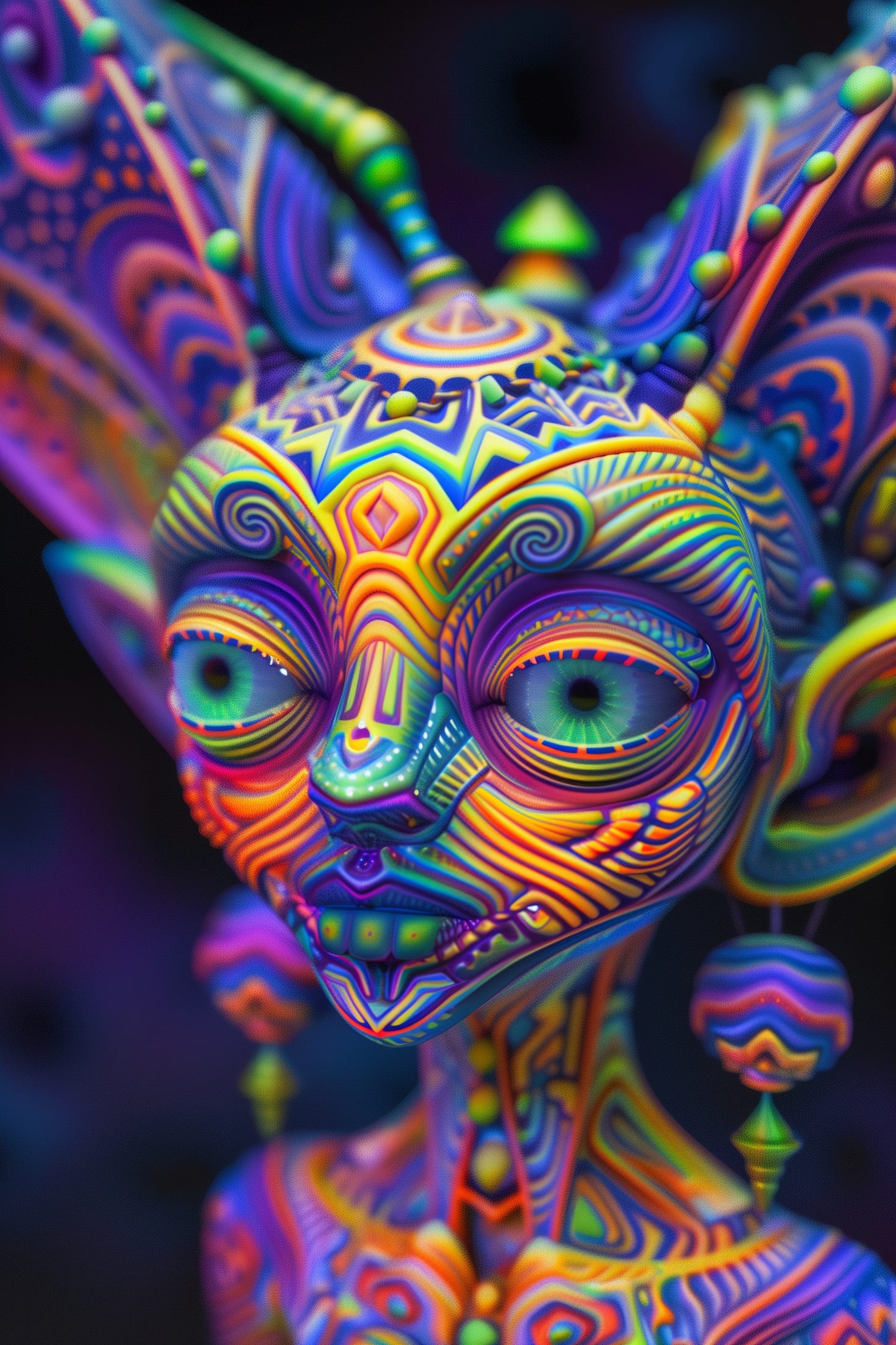 A colourful 3D psychedelic vision of a machine elf patterned with sacred geometry