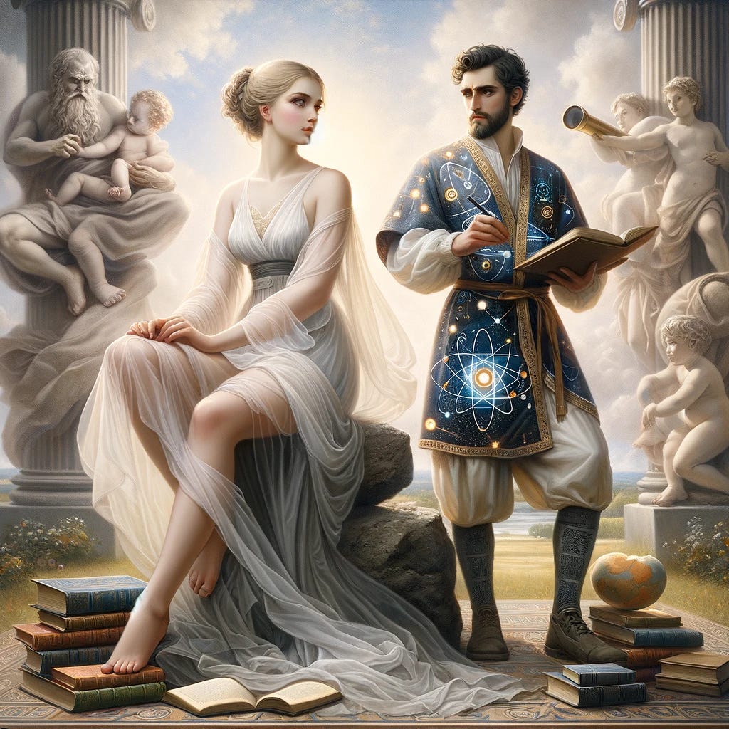 A serene, contemplative woman representing Philosophy, dressed in a flowing ethereal white robe, seated on a stone, surrounded by books and a scroll, with a thoughtful expression. Beside her, a dynamic, assertive man representing Science, standing and dressed in a practical tunic adorned with celestial and atomic patterns, holding a telescope. They are set in a serene landscape featuring a clear sky and an orderly garden, reflecting harmony and the distinct paths of philosophy and science. The mood is harmonious and contemplative, highlighting their sibling-like relationship.