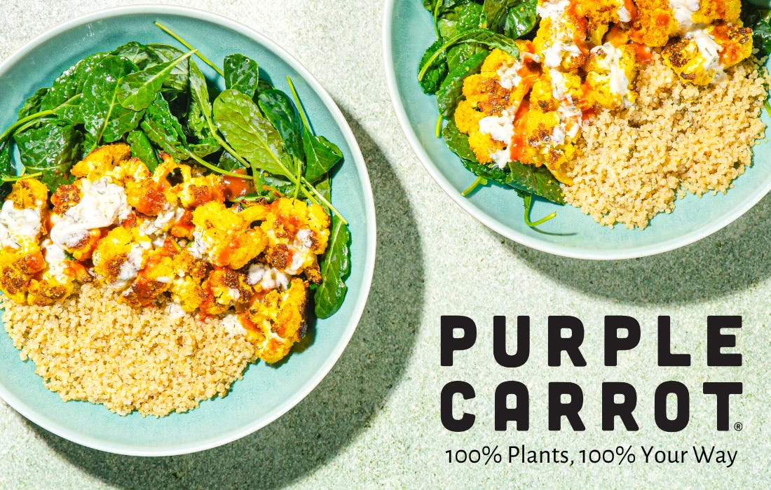 Ad image of two plates of buffalo cauliflower from Purple Carrot.