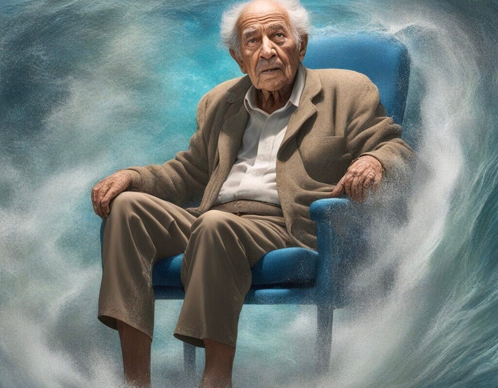 Man of advanced age sitting in a chair with water swirling around him