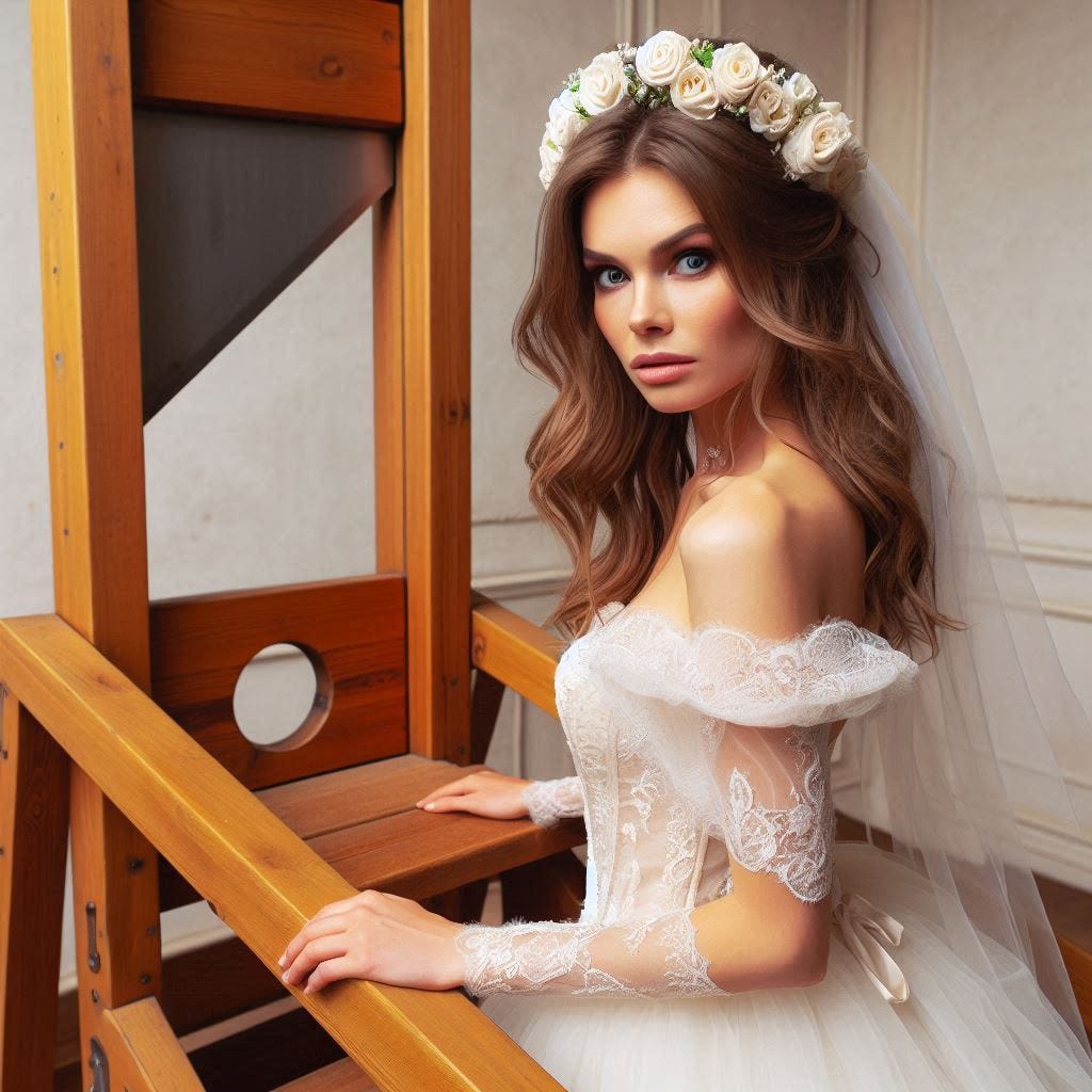 A pretty bride in a bridal dress with a skeptical expression on her face mounts the wooden stairs of a guillotine.