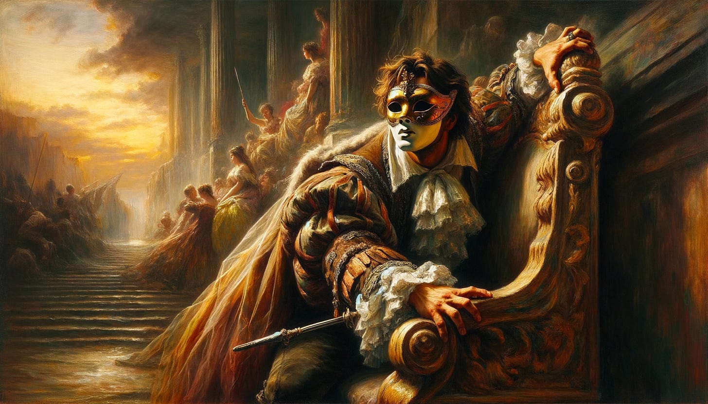 A Romantic era oil painting depicts a dramatic scene: a man dressed in elaborate attire of the time, gripping tightly onto a throne. The man wears a mask, adding an air of mystery and intrigue to his character. The setting is filled with the turbulent emotions and heightened drama characteristic of the Romantic period, with a focus on the man's intense expression and the symbolic act of holding onto power. The artwork captures the essence of Romanticism, emphasizing individual emotion, and the sublime beauty of nature, possibly suggested in the background. The use of rich, deep colors and dynamic brushstrokes enhances the emotional depth of the scene.
