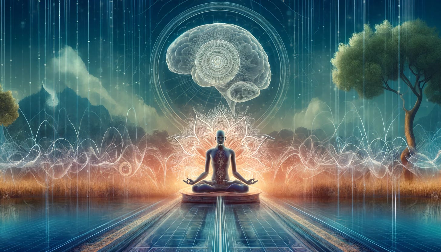 A visually engaging 16:9 wide image that represents the theme 'Yoga Sutra: The Mystery of Samadhi Revisited through Neuroscience'. The scene features a serene, meditative environment combining elements of ancient Indian yogic traditions and modern neuroscience. In the foreground, a figure in a traditional yoga pose meditates, surrounded by symbolic representations of brain waves and neural connections. The background blends a peaceful natural setting with subtle digital motifs, suggesting a bridge between spirituality and science.
