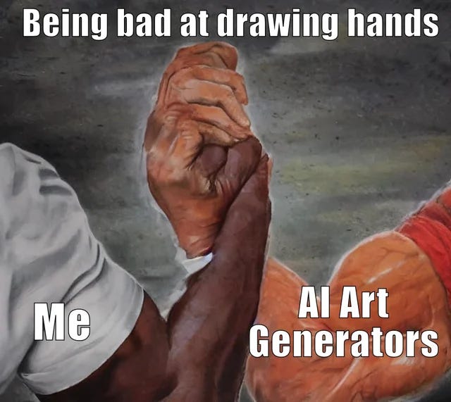 An AI-generated image of two hands clasped together with some weird-looking fingers. The caption at the top says "Being bad at drawing hands," with one of the arms labeled "Me" and the other labeled "AI art generators."