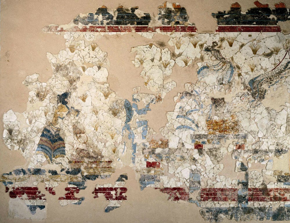 Fragmentary ancient Minoan fresco showing the Sun Goddess seated on a platform with a griffin leaning up behind her, a monkey offering her some saffron, and a girl pouring saffron into a basket.