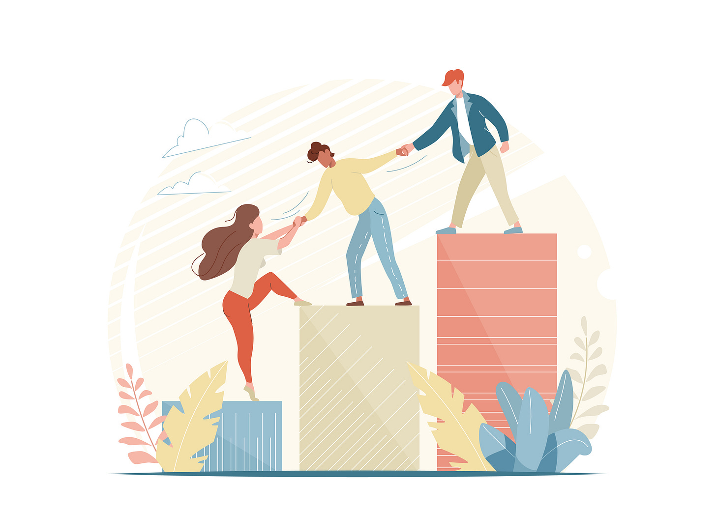 Illustration of co-workers helping each other climb higher