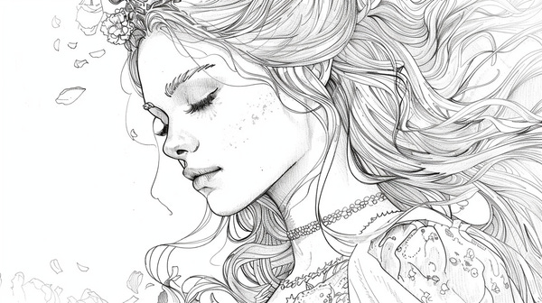 Coloring page featuring the picture of a gorgeous dreaming princess in medieval clothes.