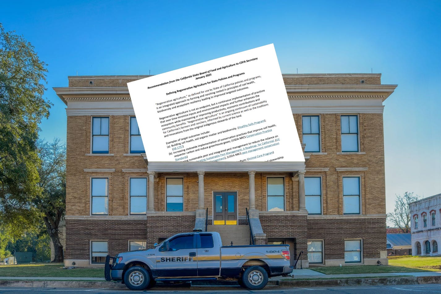 Ein lokales Gerichtsgebäude aus Backstein mit weißen Säulen und einem Sheriff-Pickup-Truck davor, geparkt an der Straße. Über dem Gebäude wurde digital ein Dokument eingefügt, das den Titel „Recommendation from the California State Board of Food and Agriculture to CDFA“ trägt. Der Text des Dokuments beschäftigt sich mit der Definition von regenerativer Landwirtschaft und enthält verschiedene Programme und Maßnahmen zur Förderung nachhaltiger landwirtschaftlicher Praktiken. Ein lokales Gerichtsgebäude aus Backstein mit weißen Säulen und einem Sheriff-Pickup-Truck davor, geparkt an der Straße. Über dem Gebäude wurde digital ein Dokument eingefügt, das den Titel „Recommendation from the California State Board of Food and Agriculture to CDFA“ trägt. Der Text des Dokuments beschäftigt sich mit der Definition von regenerativer Landwirtschaft und enthält verschiedene Programme und Maßnahmen zur Förderung nachhaltiger landwirtschaftlicher Praktiken.