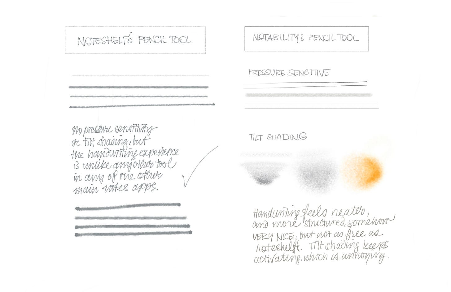 Sample lines and text written with both Noteshelf and Notability’s pencil tools. Text reads: (Noteshelf) No pressure sensitivity or tilt shading, but the handwriting experience is unlike any other tool in any of the main notes apps. (Notability) Handwriting feels neater and more structured, somehow. Very nice, but not as free as Noteshelf’s. Tilt shading keeps activating, which is annoying.