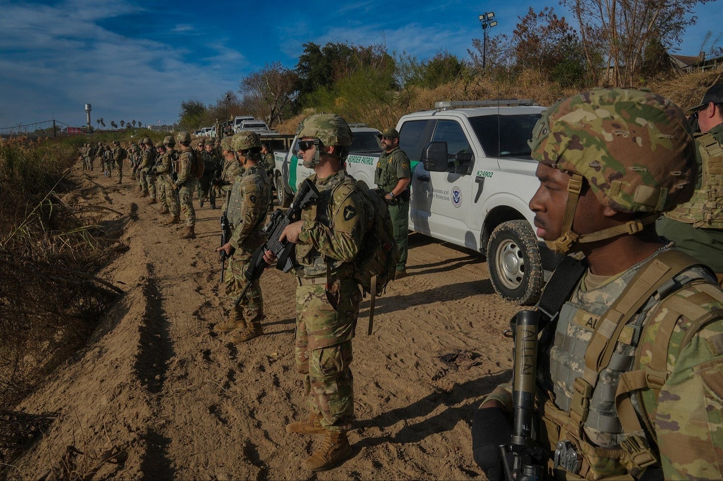 Texas troops assigned to "Operation Lone Star" and Border Patrol Agents "show of force" to prevent illegal crossings of the Rio Grande. Texas troops assigned to "Operation Lone Star" and Border Patrol Agents "show of force" to prevent illegal crossings of the Rio Grande.