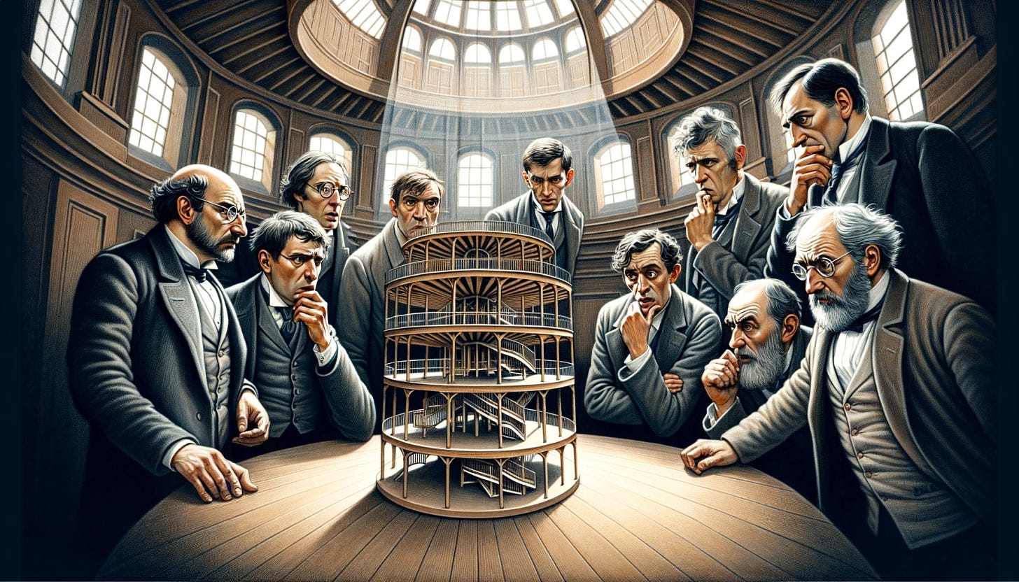 A landscape mode illustration in the style typically found in the New York Review of Books, depicting a group of famous economists in modern attire, looking bewildered as they contemplate a scale model of a panopticon. The setting is sophisticated and thoughtful, with a blend of realism and artistic flair common in such illustrations. The economists are recognizable figures in the field, portrayed in a detailed, semi-realistic style. They are dressed in contemporary business attire and their expressions of bewilderment and curiosity are captured with nuanced detail. The scale model of the panopticon is a central focus, intricately designed, reflecting the complexity of the concept. The overall composition is intellectual, elegant, and subtly colored, conveying a sense of depth and contemplation typical of the New York Review of Books illustrations.