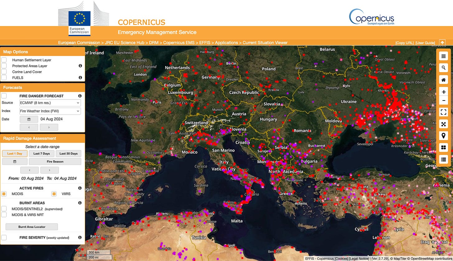 Copernicus satellite image of southern Europe an northern Africa with overlay showing fire struck regions.