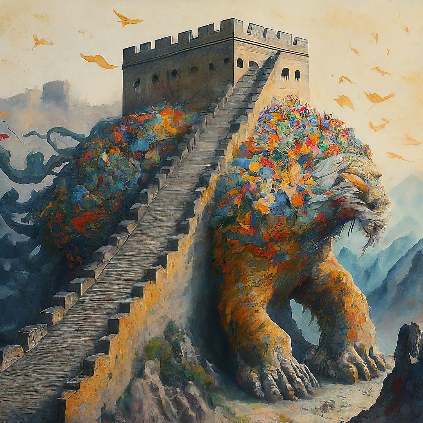 An AI-generated image showing the Great Wall of China sprouting a body and legs