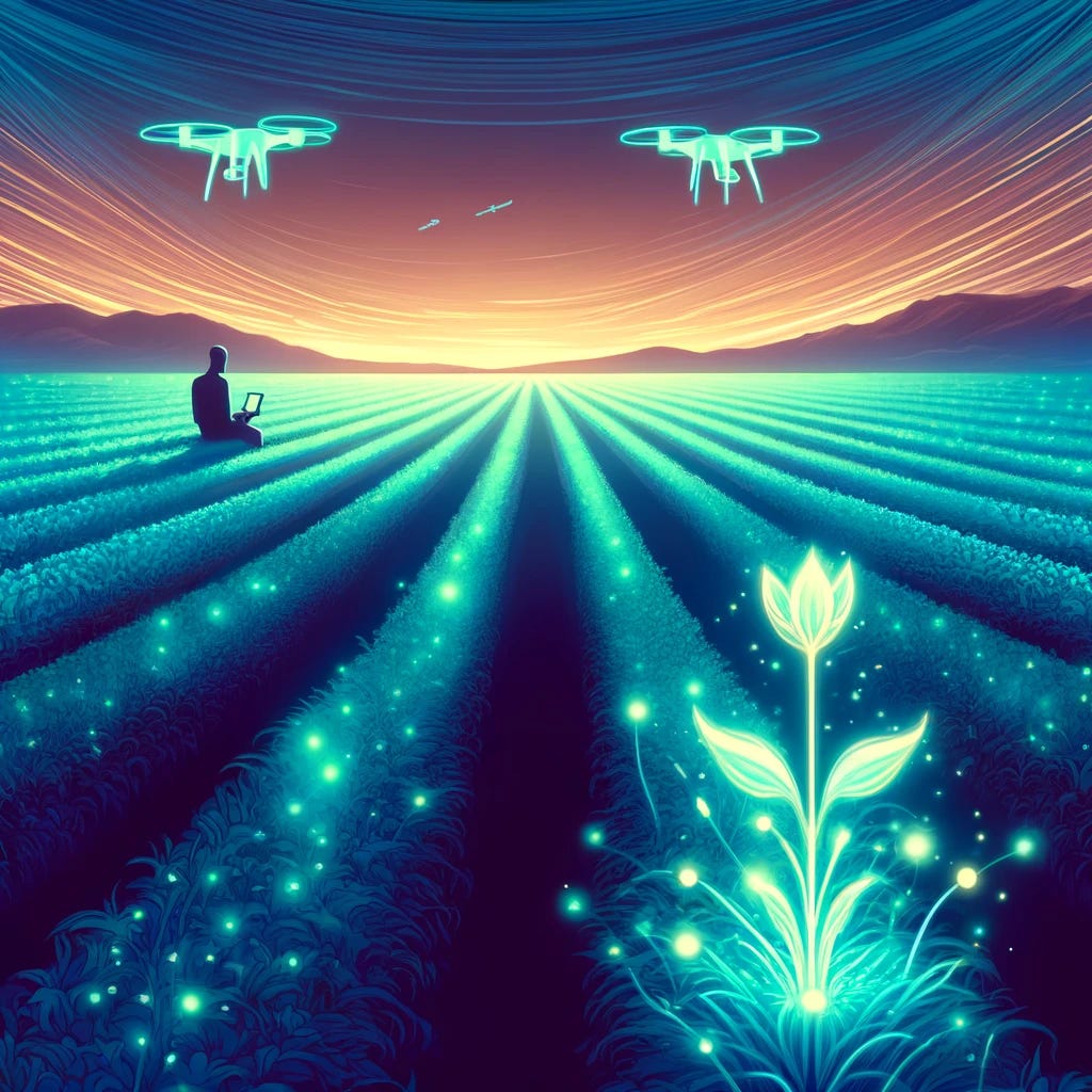 Create an illustration in a romantic style with well-defined curved lines, depicting an agricultural scene where bioengineering is applied to enhance crop production. Visualize a field illuminated by the soft glow of bioluminescent plants, with high-tech drones monitoring growth. This scene should blend advanced technology with the serene beauty of nature, using the color palette #2D6DF6, #0033A0, #FFFFFF, #00AEC7, #E3E829 to create an engaging and mystical visual experience.