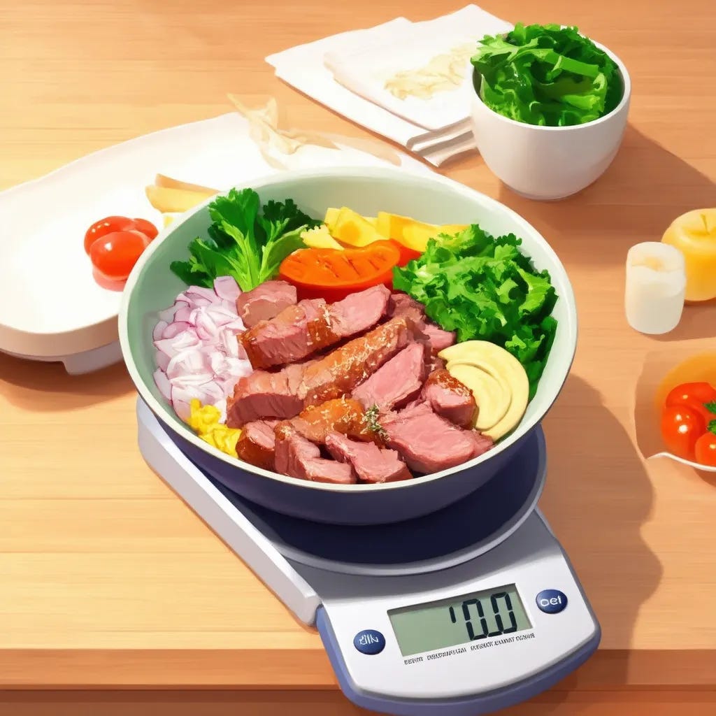 Anime style AI generated drawing of healthy food in a bowl on a kitchen scale