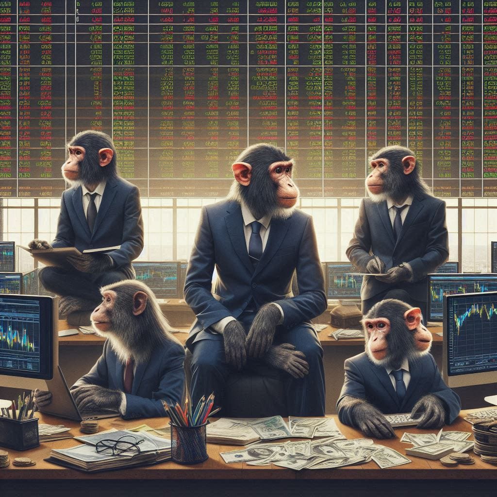 monkeys wearing suits in front of a stock trading setup