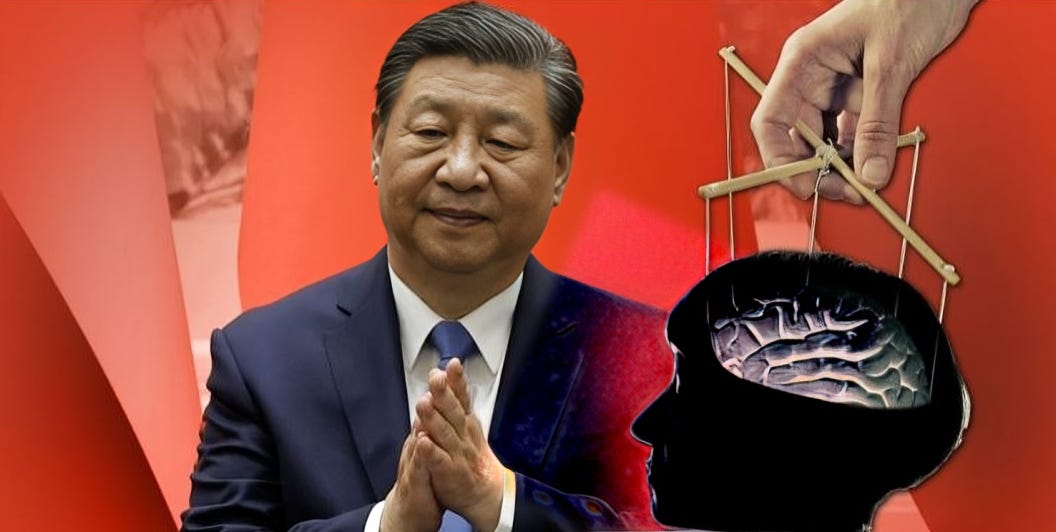 Image of Xi Jinping looking pleased, manipulating marionette-style sticks and strings over a shadowed human figure with visible brain, symbolizing the control and manipulation in neuro-cognitive warfare.