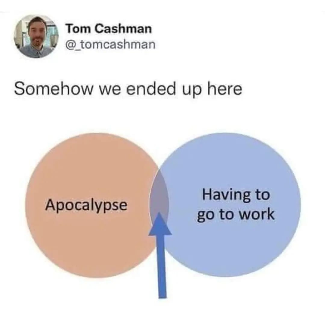 Tom Cashman @_tomcashman A Venn diagram with two circles labeled Apocalypse and Having to go to work with an arrow pointing to where the circles overlap captioned Somehow we ended up here