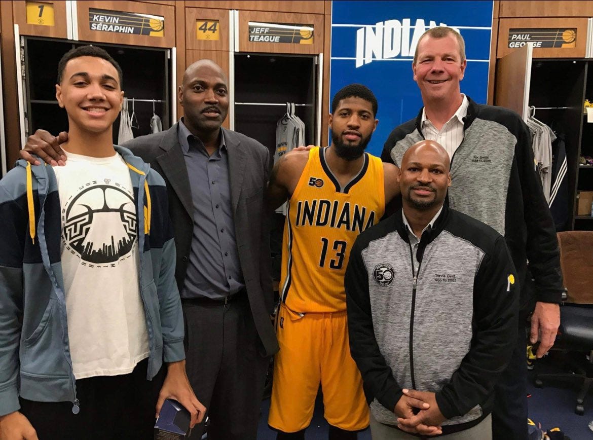 Trayce, Dale, PG, Rik Smits and Travis Best in the Pacers locker room in 2017.