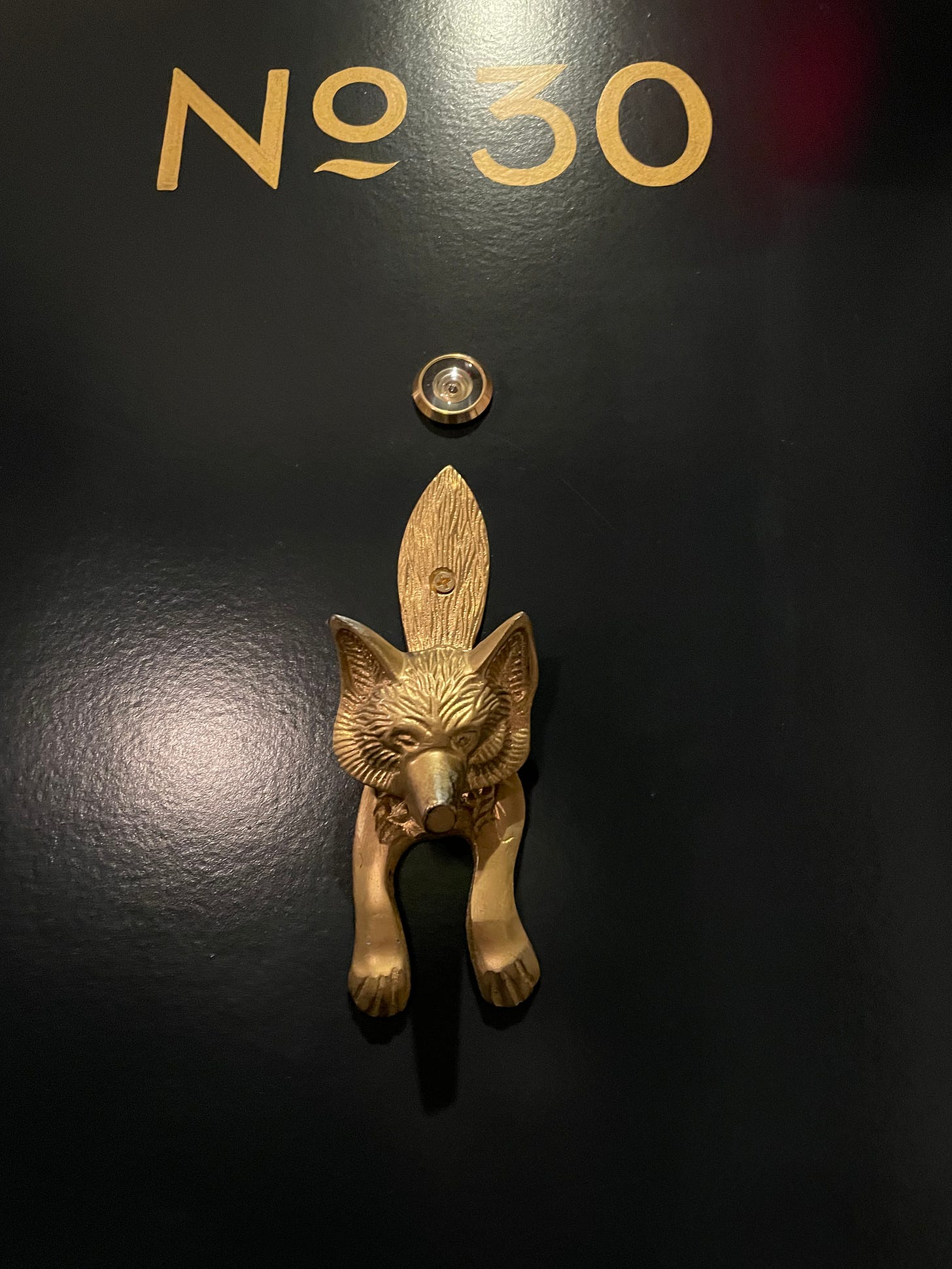 A hotel door (room number 30) with a knocker in the shape of a fox