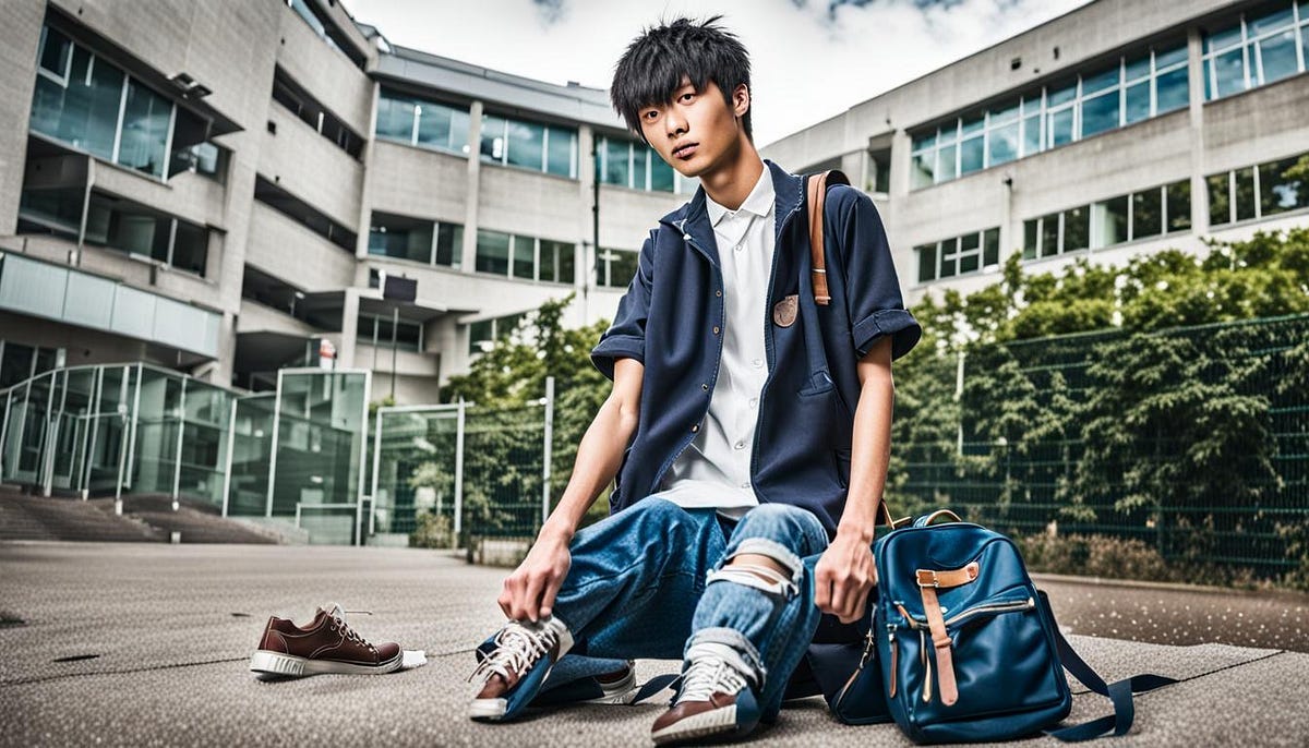 School boy in ragged clothes in school yard.