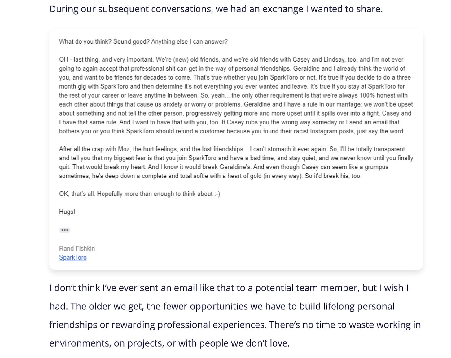 A screenshot from SparkToro's post announcing that Amanda was joining their team. Rand included the full text of an extremely heartfelt email in which he offered Amanda the job.