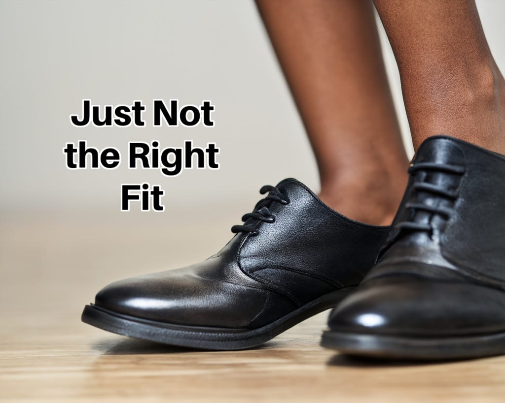 10-year-old boy’s legs lead into grown-up, much-too-large, black dress shoes. Inset caption: “Just Not the Right Fit.”