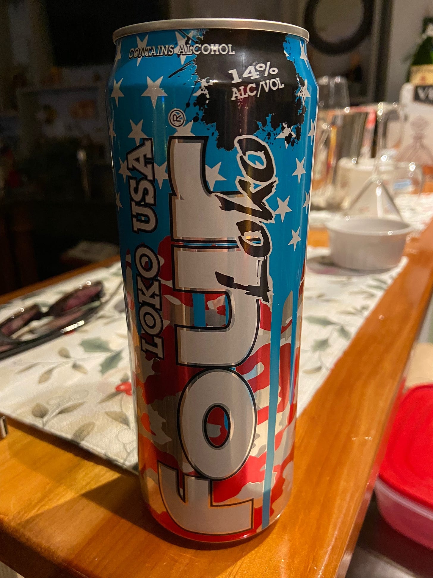 An image of a very obnoxious-looking can of Four Loko USA, a vile alcopop 