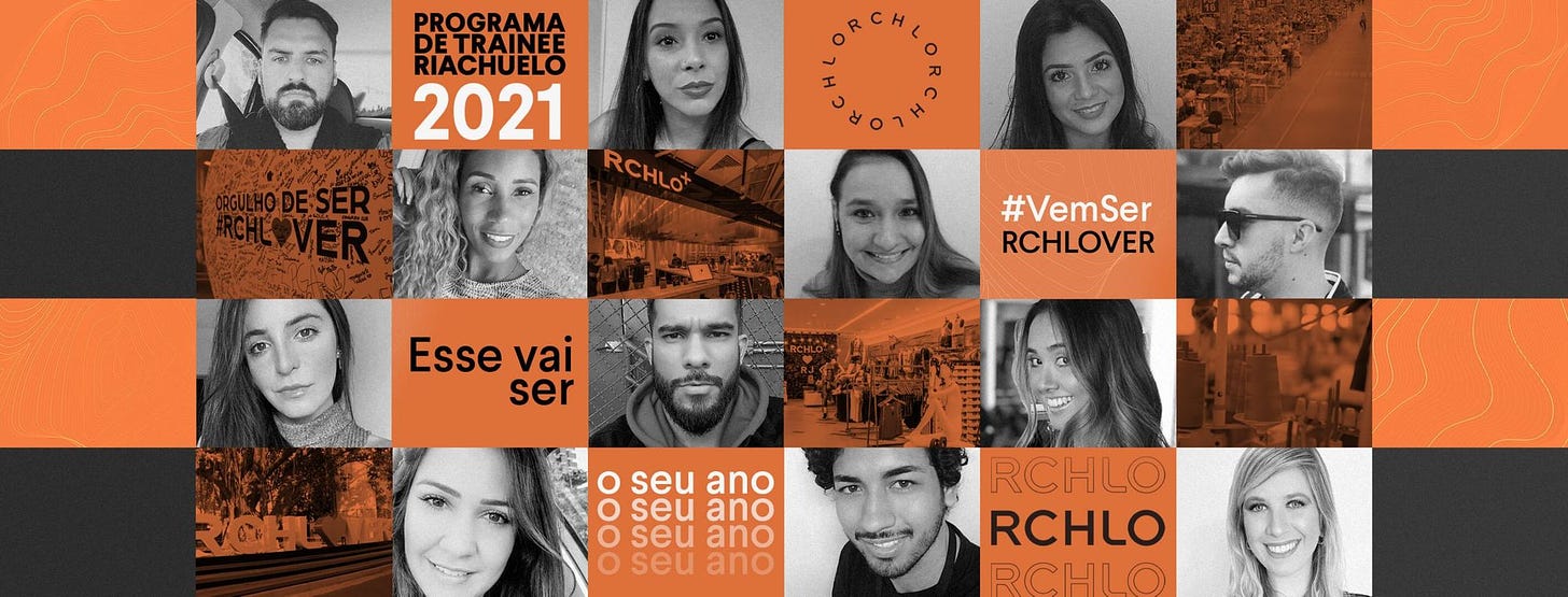 Programa de Trainee Riachuelo 2021. Esse vai ser o seu ano. #VemSerRCHLOVER. Retratos em P&B de vários jovens em quadradinhos intercalados por quadrados laranjas com textos e fotos de lojas Riachuelo.