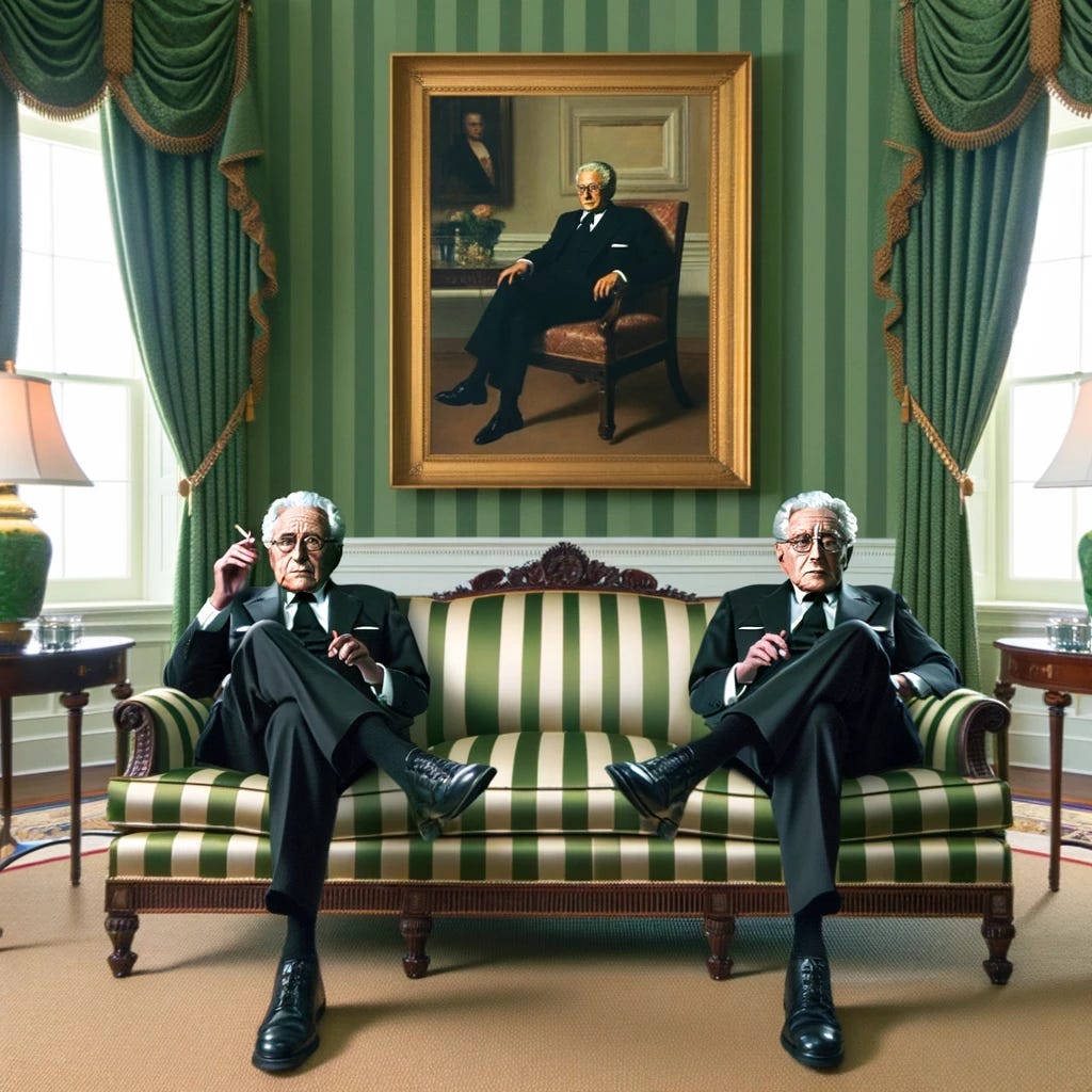 Using the second image above as a reference, create an image with only one fictional identical twin of a historical political figure, resembling Henry Kissinger, seated on a green and white striped Duncan Phyfe couch in the White House Green Room. He is smoking a cigarette, and above him hangs a portrait of John Quincy Adams. The setting should capture the elegance and historical ambiance of the room with a focus on the single character.