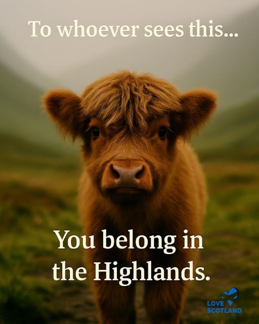 May be an image of text that says "To whoever sees this... You belong in the Highlands. LOVE SCOTLAND"