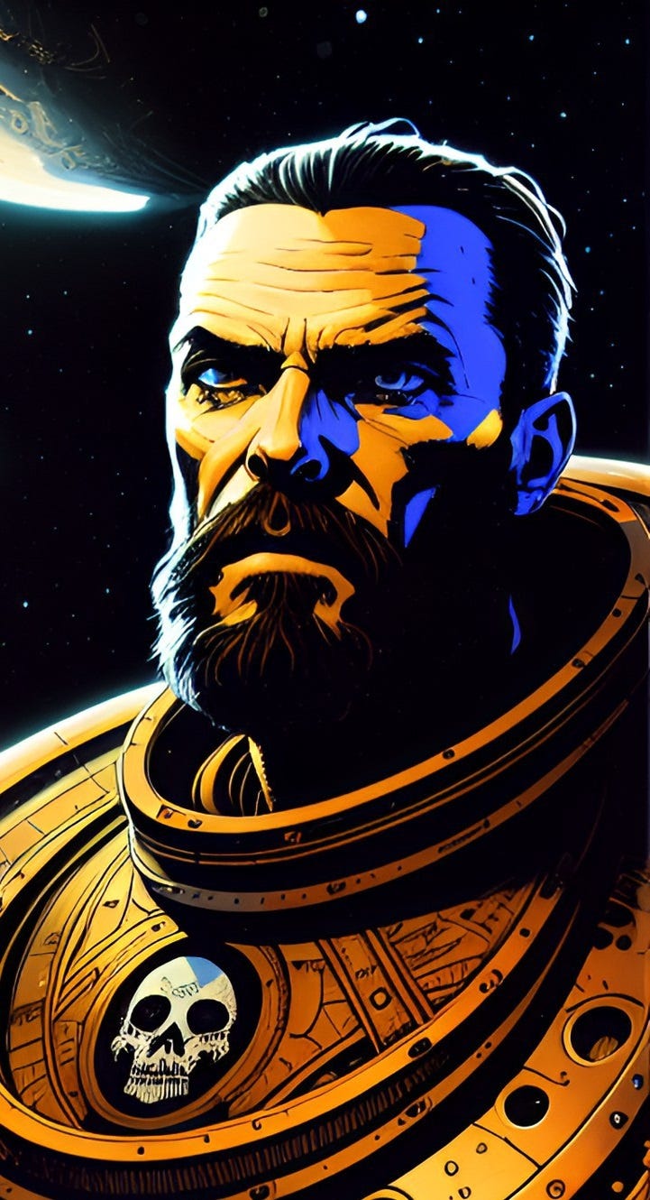 Portrait of a space pirate captain in ornate, golden heavy armor.