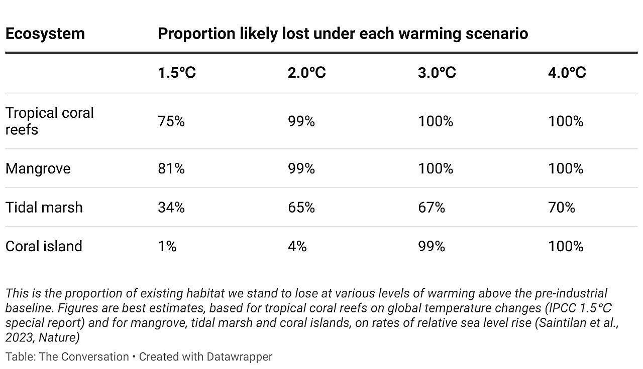 We studied more than 1,500 coastal ecosystems—they will drown if we let the world warm above 2℃