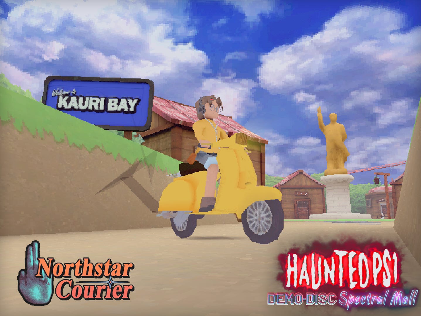 Northstar Courier from the Haunted PS1 Demo Disc: Spectral Mall. A low-poly figure with headphones, a tellow shirt, and shorts sits atop a yellow motor-scooter. A sign reading "Welcome to Kauri Bay" is visible over their shoulder. Behind them is a small town of wooden houses surrounding a tall golden statue of a man with his arm raised. The sky is a beautiful blue, filled with light clouds.