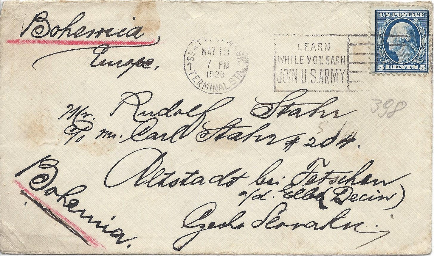 1920 letter from the US to Czechoslavakia