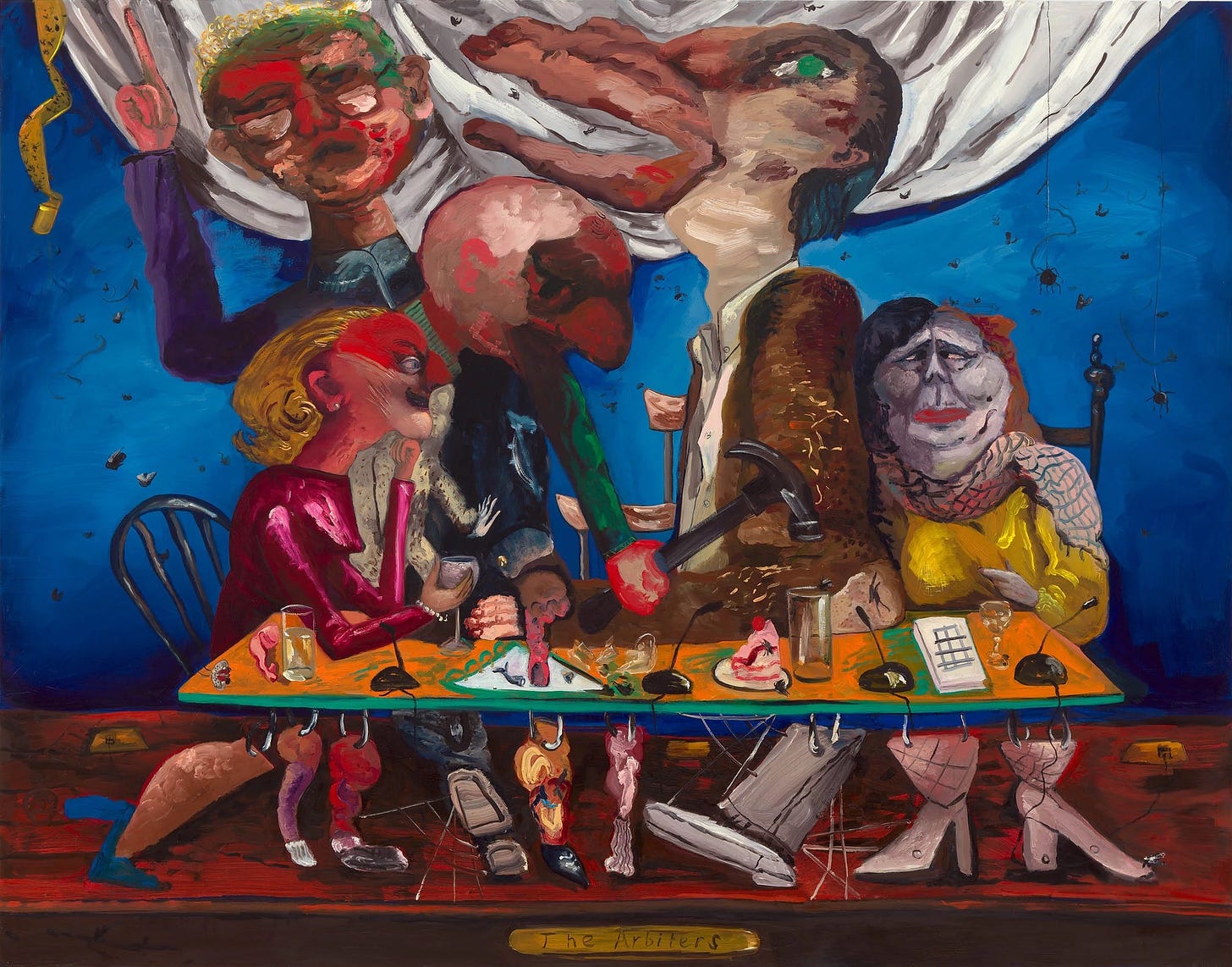 The Arbiters: A colorful, expressionistic painting with five figures positioned at a bright orange table. Three standing male figures have enlarged heads, one with a duck-like beak. One is smashing something on the table with a hammer. Two seated female figures lean up against the table, one skinny, one corpulent. The feet under the table are detached from the figures and suspended from the table on metal rings. There are flies visible against the blue background and a strip of yellow flypaper has caught several. There are microphones, glasses of water, and a pink slice of cake on the tabletop, as if the group were some kind of panel. 