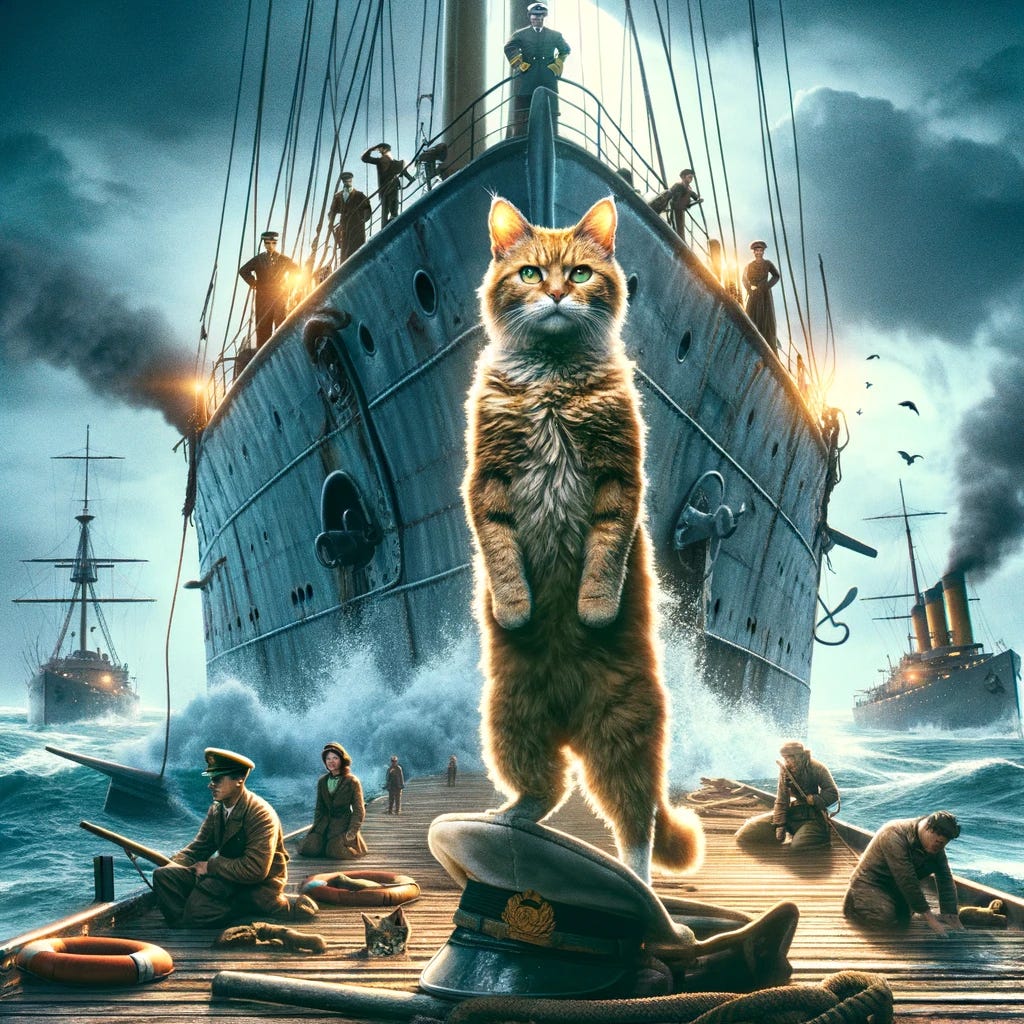 Create a cover image for a newsletter featuring Unsinkable Sam, the legendary ship's cat who survived the sinking of three ships during World War II. The image should capture the essence of Sam's remarkable survival story, showcasing him standing boldly on the deck of a warship with a backdrop of the ocean and perhaps wreckage or symbols of his survival. Sam should appear as a heroic figure, embodying the spirit of resilience and the mysterious ability to sense danger. The image should evoke a sense of adventure, bravery, and the extraordinary journey of this feline war hero.