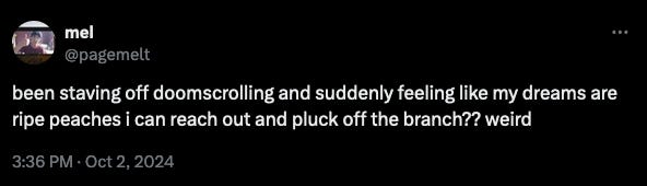 @pagement: been staving off doomscrolling and suddenly feeling like my dreams are ripe peaches i can reach out and pluck off the branch?? weird