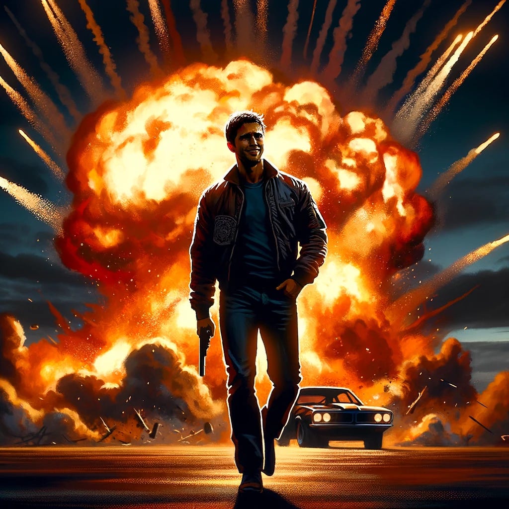 A digital painting of an action movie scene where a confident individual is walking away from a massive explosion in the background, smiling subtly. The person is depicted in the foreground, their silhouette outlined against the fiery blast, which illuminates the scene with intense oranges, reds, and yellows. The individual's posture is relaxed, and their smile conveys a sense of accomplishment and cool composure under pressure. They are dressed in a way that suggests they might be the protagonist of an action-packed story, with casual yet resilient clothing, possibly including a leather jacket and sturdy boots. The explosion behind them is dramatic and expansive, sending plumes of smoke and debris into the air, yet they seem unaffected, embodying the classic 'cool character walks away from explosion' trope. Digital art style, focusing on dynamic lighting and vivid colors to highlight the contrast between the calm demeanor of the person and the chaos of the explosion.