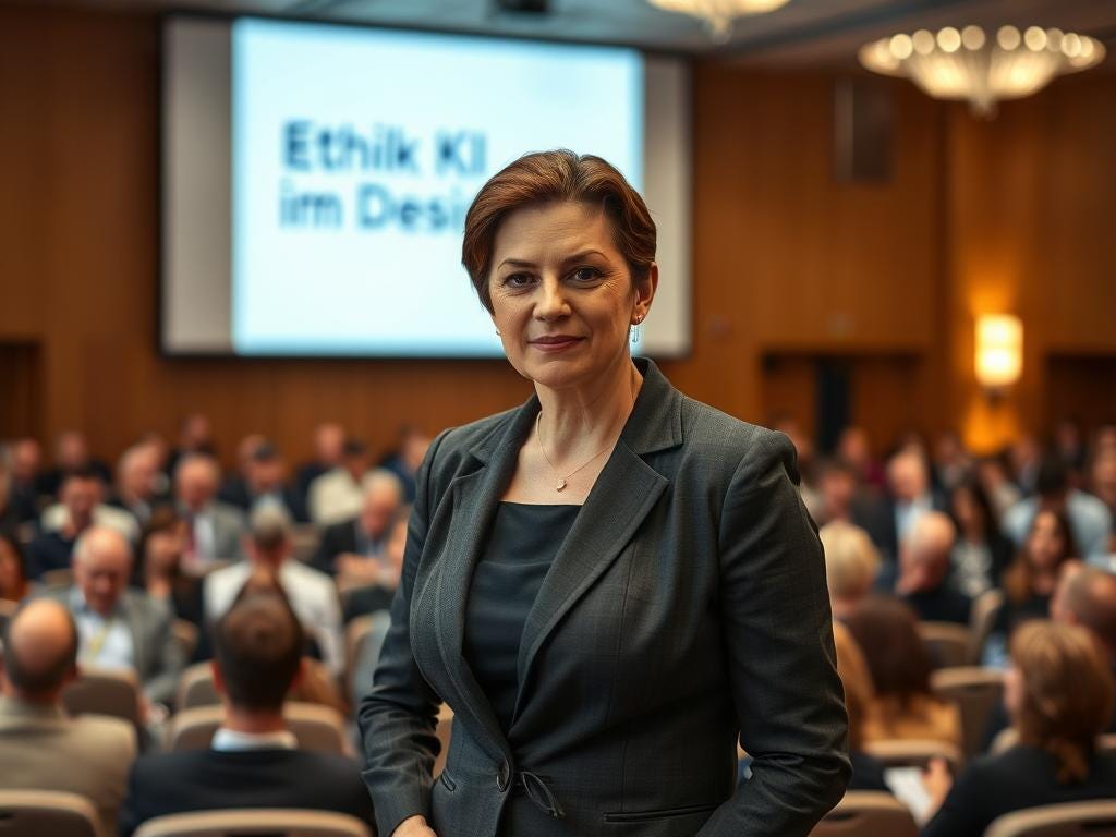 A woman in a gray suit stands in front of an audience with a presentation screen in the background