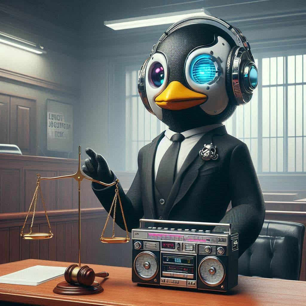 cyborg penguin in a courtroom with a boombox  labeled 