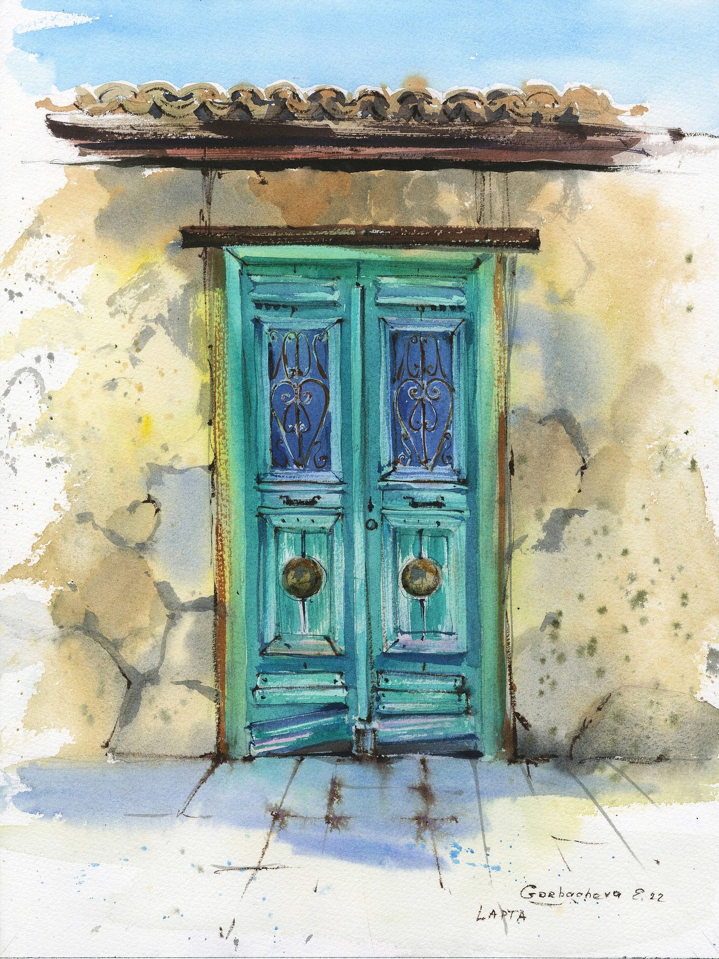 Old Door Print, Architecture Wall Art, Green, Greece, Greek Vintage Door,  Watercolor Art, Illustration