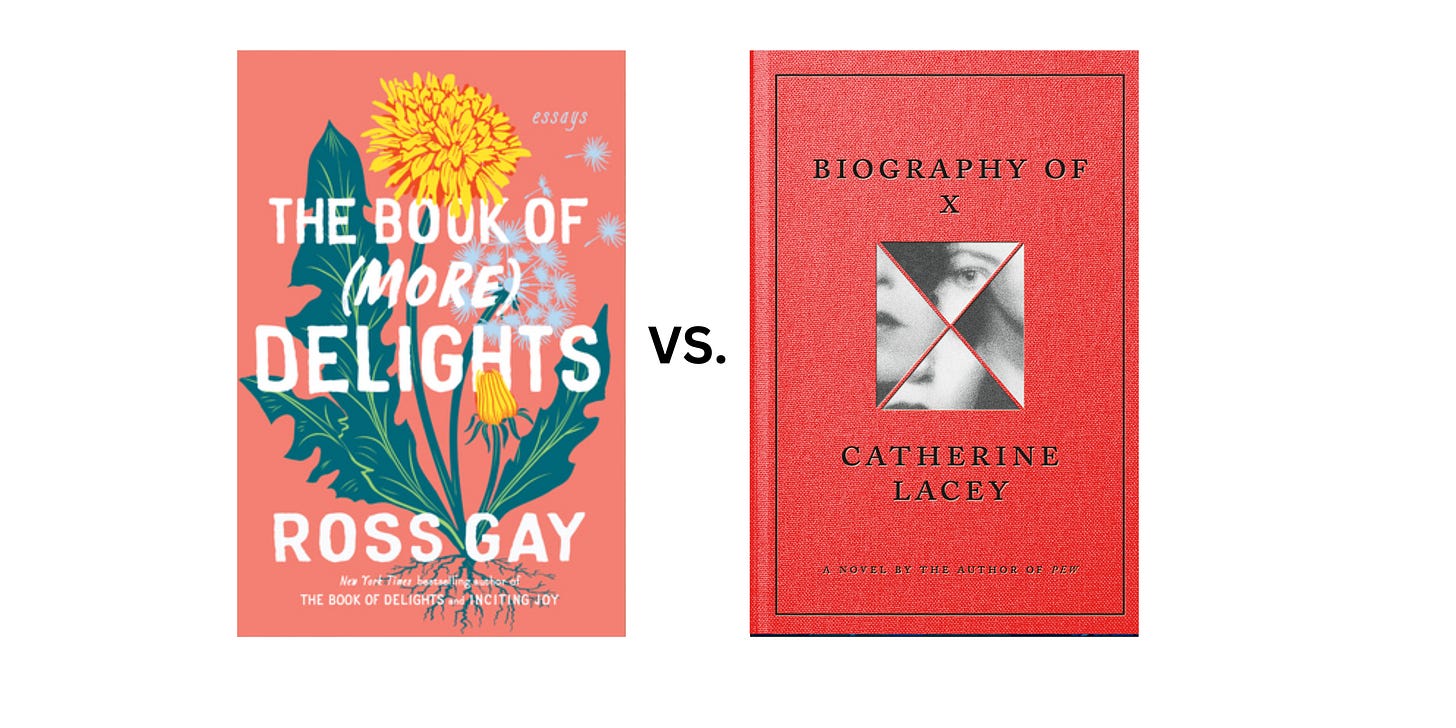Book covers for The Book of (More) Delights by Ross Gay and Biography of X by Catherine Lacey
