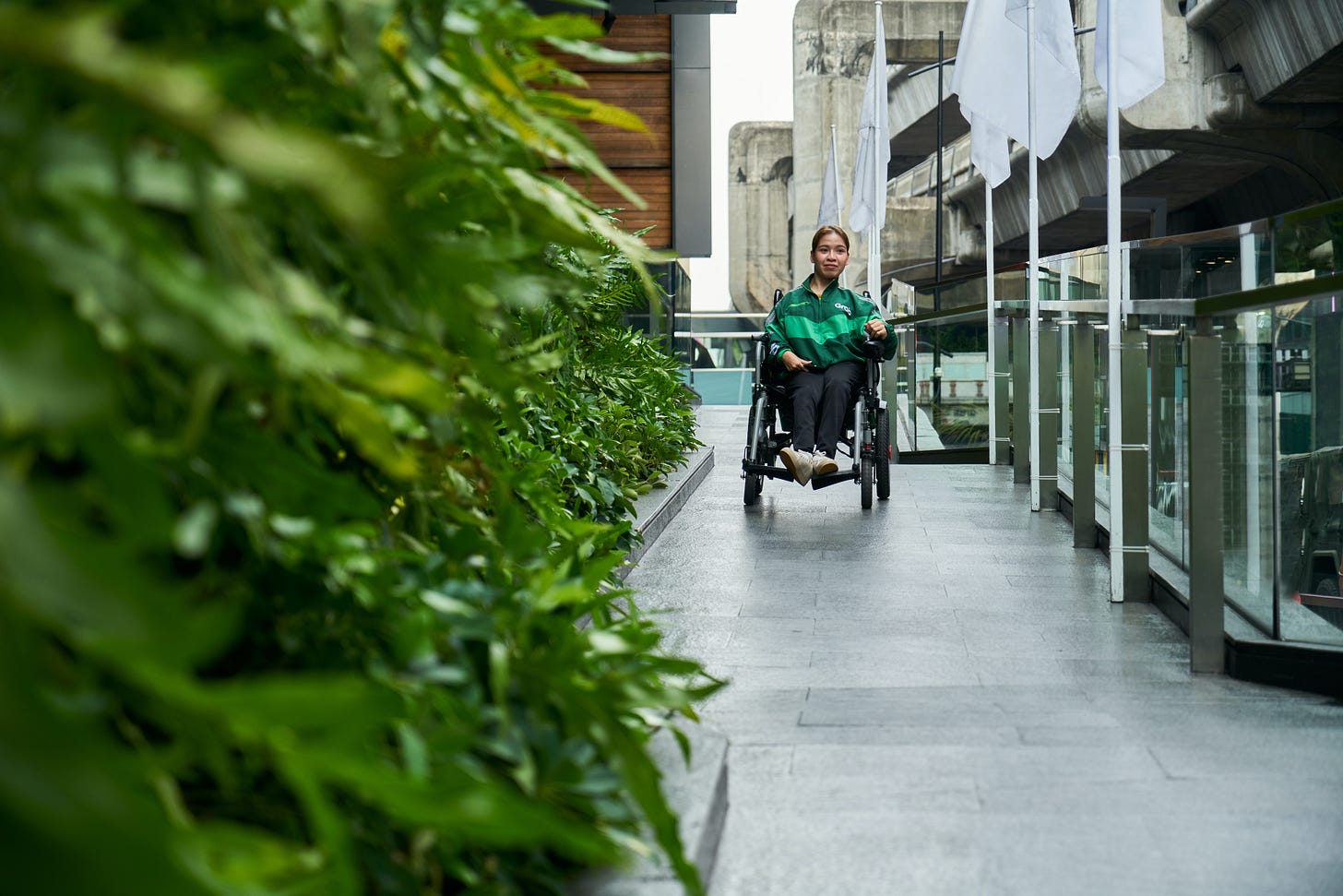 A woman in a wheelchair