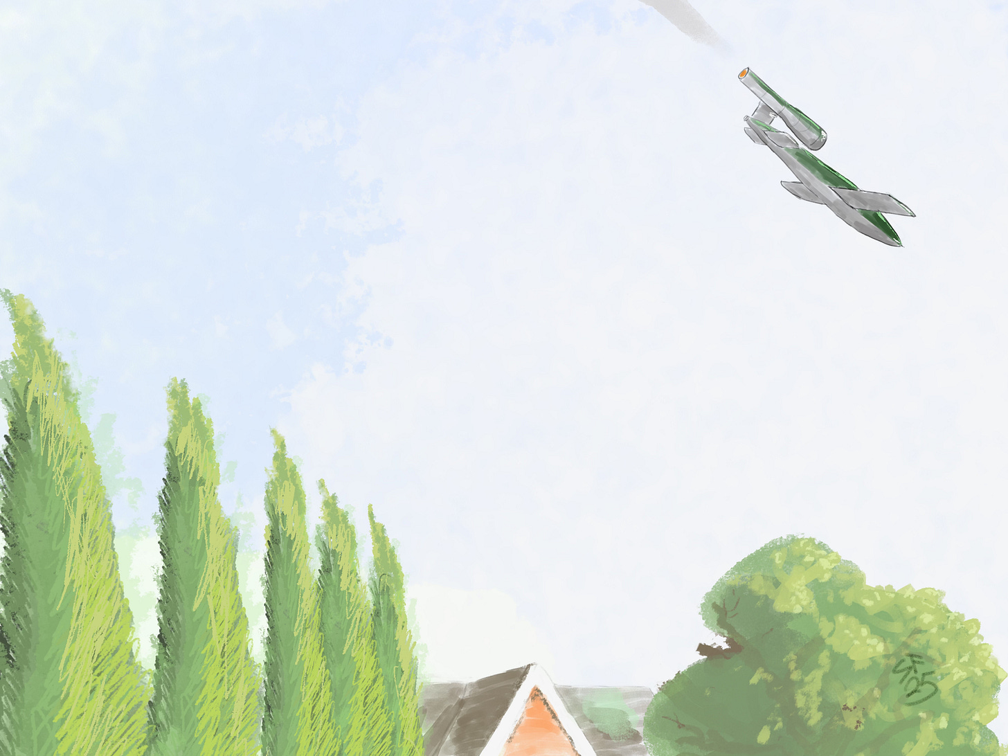 Southern English country scene in pastel and coloured pencil: looking up into the sky above the tops of a row of slender fir trees, the gable of a red-brick house and a broadleaf tree: a V1 flying bomb is coming down, angled away from the house and to the right.