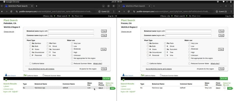 Screenshots of a WUCOLS output on two different windows. The first window shows that a daffodil is a low water use plant in Palmdale. The second window shows that a daffodil is a very low water use plant in Fresno 