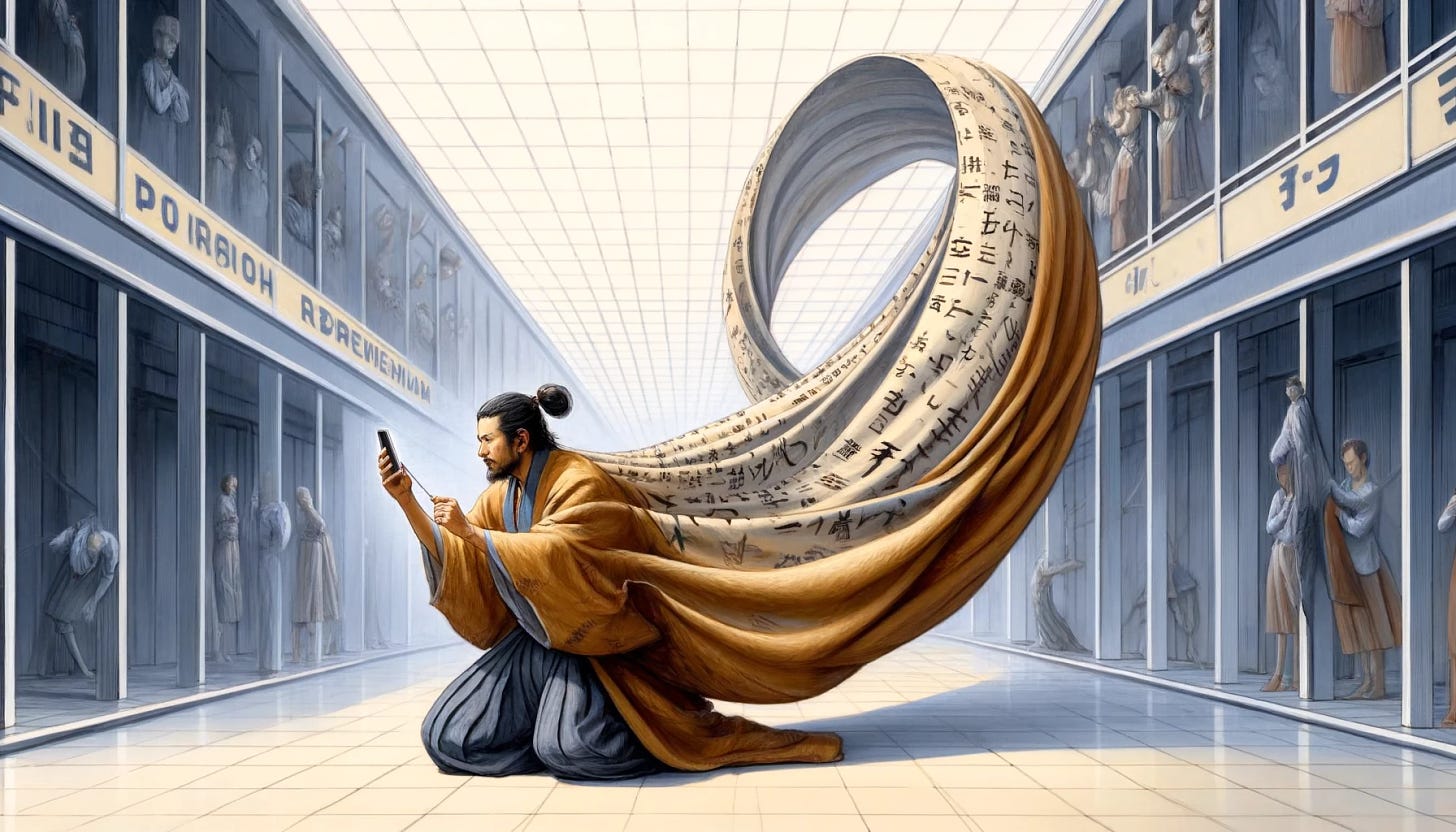 A scene depicted in the style of traditional Japanese fabric painting, using soft and fluid brushstrokes to emulate the texture of silk or linen. The scene shows a man in a Samurai robe with a superior demeanor in a large commercial center resembling the Brazilian stock exchange (B3). His smartphone transforms into a flowing fabric that extends like the tail of a coat across the hall. The man pulls at the fabric, trying to decipher ideograms, then collapses, exhausted, holding the crumpled fabric, staring into the void. The artwork should convey a sense of melancholy and drama.